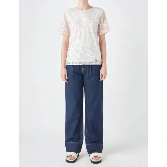 GREY LAB Sequin Short Sleeve Top‎ White Nude Pink NWT Size M - Picture 5 of 9